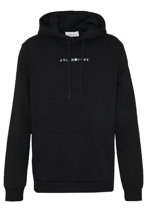 Black hoodie made of cotton with a front pocket, drawstrings, and white text in Japanese across the chest. Features ribbed cuffs and hem.