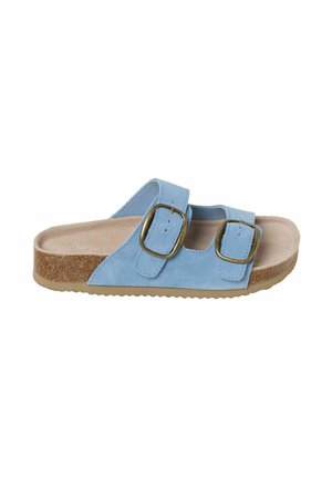 Hellblaue Wildledersandale mit zwei verstellbaren Riemen und Messingschnallen, Kork-Fußbett und beiger Gummisohle.