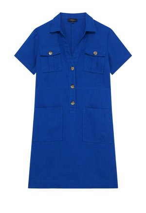 Short-sleeve blue linen dress featuring a collar, button closure, two chest pockets, and two lower pockets. Smooth texture, casual design.