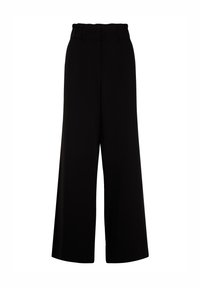 Black wide-leg trousers with an elasticated waistband, made of a smooth fabric, featuring a minimalist design and no visible patterns or accents.