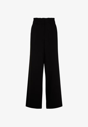 Pantalons larges noirs avec une ceinture élastiquée, fabriqués dans un tissu lisse, dotés d'un design minimaliste sans motifs ni accents visibles.