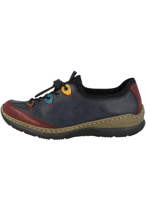 Leather shoe in navy with red and brown accents, featuring colored eyelets and a textured sole; includes a decorative woven trim.