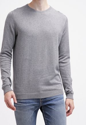 Man wearing a light grey long-sleeve crewneck sweater and blue jeans against a plain white background.