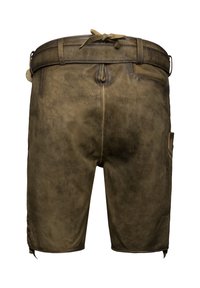 Shorts in pelle marrone con superficie Texturizzata, vita elastica e tasca laterale. Presentano un laccio decorativo e dettagli cuciti sui lati.