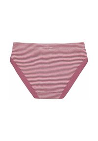 Costume da bagno inferiore a righe rosa con una texture liscia, caratterizzato da una vita e aperture delle gambe in un rosa solido a contrasto per una vestibilità sicura.