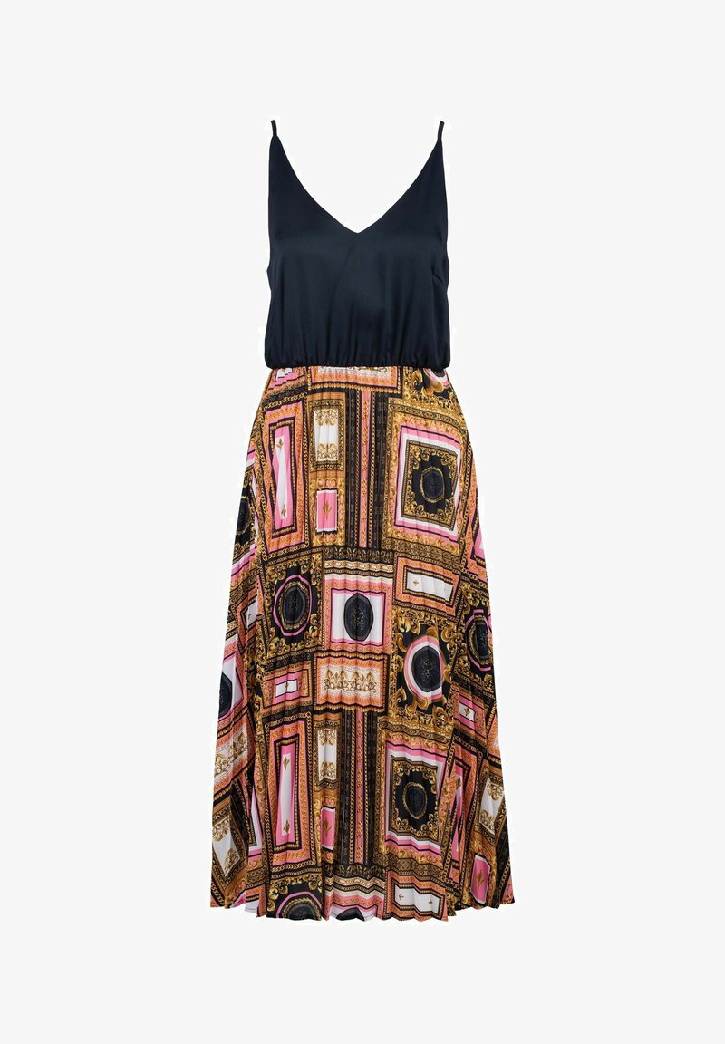 Schwarzsatinoberteil mit verstellbaren Trägern, das in einen gemusterten Rock übergeht, der goldene, rosa und schwarze dekorative Rahmenmuster zeigt.