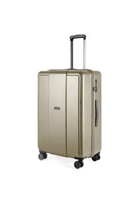 Valise rigide en or métallique avec une finition texturée, poignée rétractable et quatre roues noires pour la mobilité. Équipée d'un cadenas à combinaison.