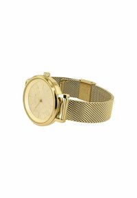 Goldfarbige Armbanduhr mit einem Mesh-Armband aus rostfreiem Stahl, rundem Ziffernblatt, goldenen Stundenmarkierungen und minimalistischem Design.