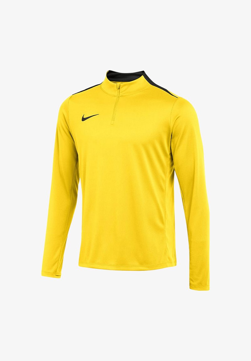 Maglietta sportiva gialla a maniche lunghe con zip a un quarto e accentuazione nera sulle spalle; realizzata in tessuto leggero e traspirante. Logo Nike sul petto.