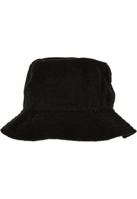 Sort bøttehat lavet af blødt, tekstureret stof med en let glans, med en bred, floppy skygge og et minimalistisk design.