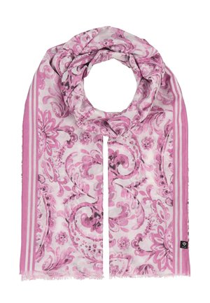 Light pink and white scarf with dark pink floral and paisley patterns, striped edges, and a small black brand tag on one side.