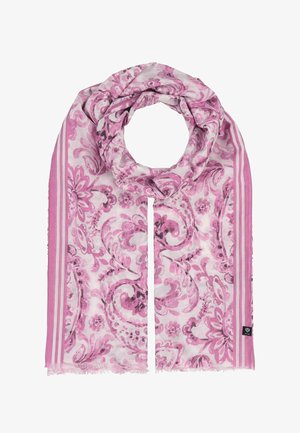 Light pink and white scarf with dark pink floral and paisley patterns, striped edges, and a small black brand tag on one side.