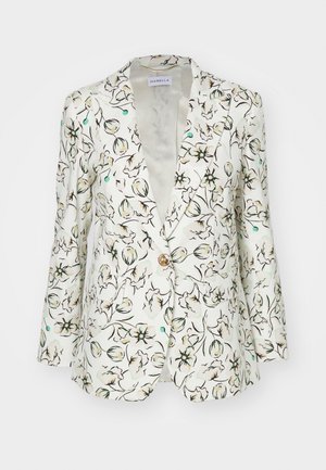 Blazer bianco con stampa floreale, caratterizzato da contorni neri e accenti verdi. Chiusura con un bottone e rever a punte. Tessuto morbido e liscio.