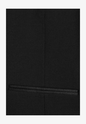 Zwarte stof met een fijne textuur, voorzien van een horizontale zwarte strook. De stof heeft een nette en gestructureerde uitstraling.