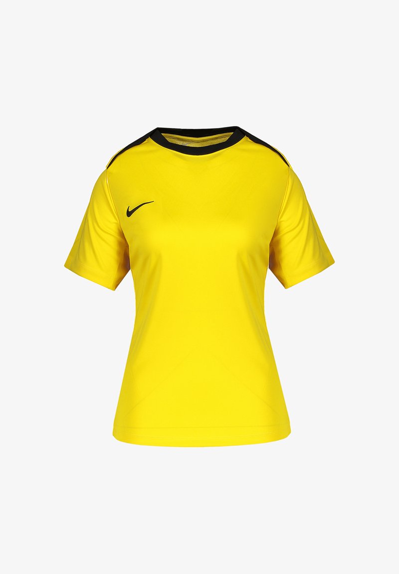 Maillot de sport jaune à manches courtes avec col noir et logo Nike noir sur la poitrine droite.