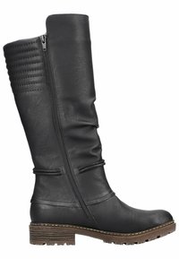 Bottines en cuir noir montantes jusqu'au genou avec un tige texturée, une fermeture éclair latérale et une semelle en caoutchouc marron. Présente un design plissé et des accents cousus.