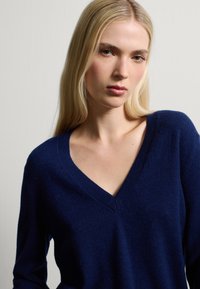 Maglione a V blu navy realizzato in tessuto morbido con una vestibilità rilassata. Presenta maniche lunghe e una texture liscia.