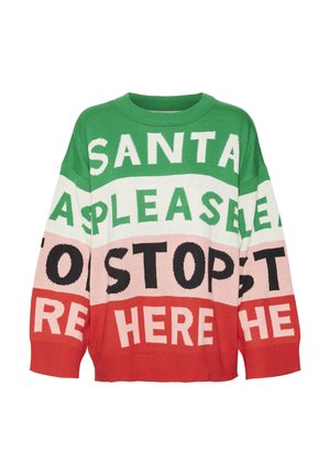 Knit sweater featuring bold text in green, white, black, and red. Oversized design with a round neckline and ribbed cuffs.