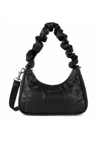 Borsa a tracolla in pelle nera con manico arricciato, caratterizzata da una forma curva, zip argentata e logo impresso sul davanti.