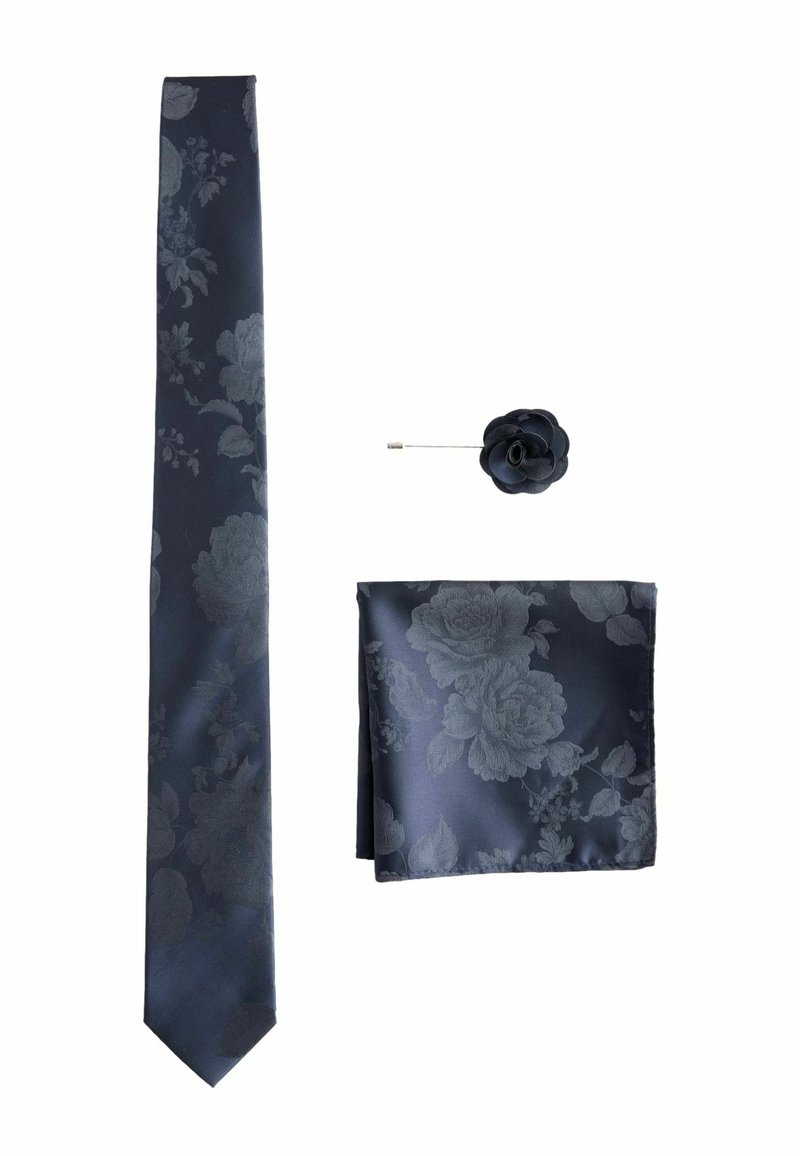 Cravat din matase cu flori navy, batista asortata si broșa în formă de floare din material. Dispune de un model texturat de flori, finisaj neted si un design elegant.