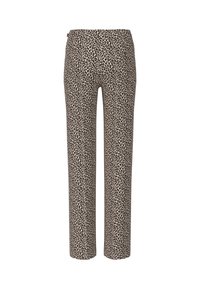 Leopard print straight-leg pants in beige and black. Features an elastic waistband for comfort. Made from smooth, lightweight fabric.