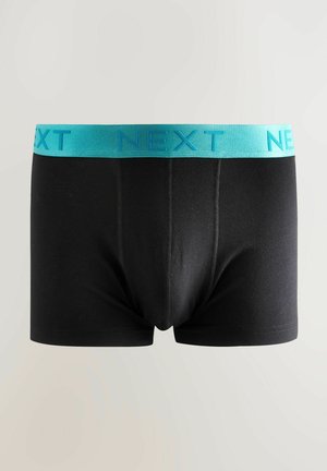 Juodos bokso trumpikės su turkio spalvos elastine juosta, ant kurios iškeltomis raidėmis užrašyta "NEXT". Lygus audinys ir prigludęs dizainas.