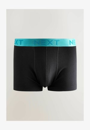 Juodos bokso trumpikės su turkio spalvos elastine juosta, ant kurios iškeltomis raidėmis užrašyta "NEXT". Lygus audinys ir prigludęs dizainas.