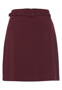 Jupe bordeaux avec une taille ajustée, ceinture incluse, dotée d'une fermeture éclair au dos, texture lisse et silhouette classique en A.