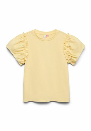Soft yellow short-sleeve shirt with ruched puff sleeves and a round neckline, laid flat against a white background.