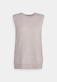 Hellgraues ärmelloses Stricktop mit rundem Ausschnitt, weicher Textur und gerippten Kanten. Einfaches, schlankes Design ohne zusätzliche Verzierungen.