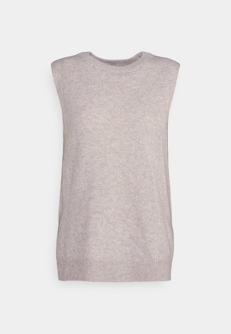 Hellgraues ärmelloses Stricktop mit rundem Ausschnitt, weicher Textur und gerippten Kanten. Einfaches, schlankes Design ohne zusätzliche Verzierungen.