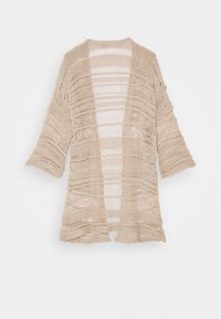 Beige open-knit cardigan met brede mouwen, voorzien van een patroon van afwisselende gaten en stevige secties. Lichtgewicht textuurmateriaal.