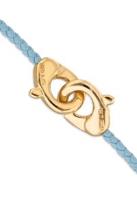 Cierre de color dorado entrelazado con una correa de cuero trenzado azul claro, con un acabado suave y brillante y una textura tejida.