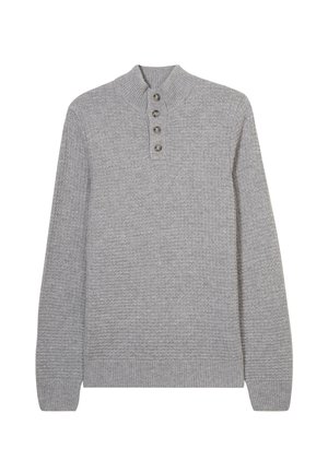 Maglione grigio a maglia con colletto alto, pattina con cinque bottoni, polsini a coste e orlo a coste. Presenta un tessuto testurizzato con un motivo sottile.
