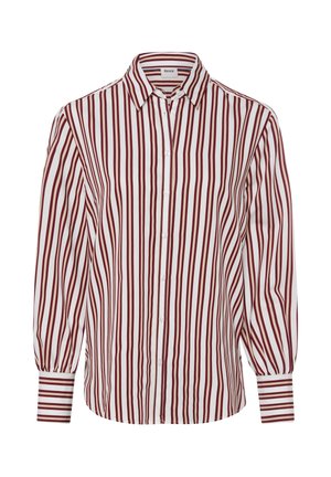 Red and white striped button-up shirt with a collar, featuring long sleeves with cuff detailing and a straight hemline.