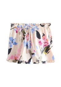 Shorts floraux rose clair avec taille élastique, cordon de serrage et ourlets à volants dans des motifs floraux abstraits bleus, noirs et roses.