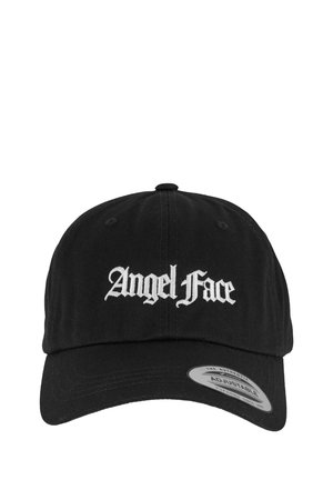 Černá baseballová kšiltovka vyrobená z bavlny s nastavitelným páskem. Na přední straně je bíle vyšívaný text "Angel Face".