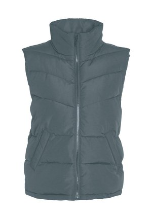 Gilet rembourré gris foncé avec un col haut, fermeture éclair frontale et deux poches latérales. Présente des coutures horizontales pour ajouter de la texture.