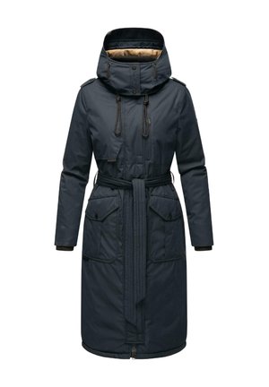 Navy blue padded coat with a high collar, adjustable hood, belt, and two front pockets. Features a zip closure and ribbed cuffs.
