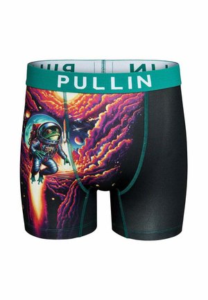 Boxers avec ceinture bleu sarcelle étiquetée « PULLIN », présentant un design coloré d'une grenouille astronaute flottant dans l'espace avec des planètes et une fusée.