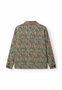 Giacca a maniche lunghe con motivo floreale multicolore in verde, rosa e blu, vista da dietro su sfondo bianco.