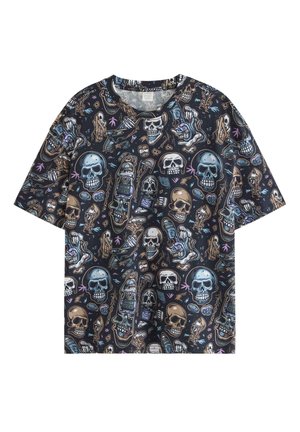 Sort kortærmet skjorte med farverige kranier, skateboards, knogler og tegneserieagtige hånd- og ansigtsillustrationer over hele stoffet.