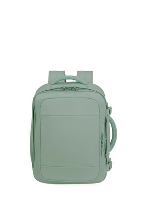 Light green rectangular backpack with padded shoulder straps, top and side handles, and a front zippered pocket.