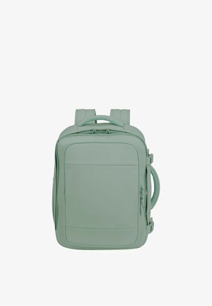 Hellgrüner rechteckiger Rucksack mit gepolsterten Schultergurten, oberen und seitlichen Griffen und einer vorderen Reißverschlusstasche.