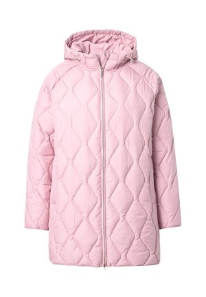 Prošívaná růžová péřová bunda s kapucí, vybavená celým zipem, diamantovým vzorem a jemným leskem. Vyrobena z lehké látky.