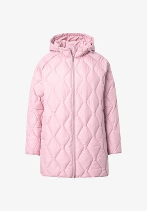 Prošívaná růžová péřová bunda s kapucí, vybavená celým zipem, diamantovým vzorem a jemným leskem. Vyrobena z lehké látky.
