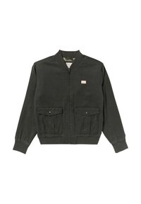 Giacca bomber verde scuro realizzata in misto cotone, con zip frontale, polsini a coste, due tasche anteriori a patta e una piccola patch con logo.