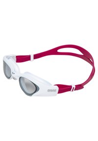 Gafas de natación con un marco blanco, lentes grises y correas ajustables rosas. Los acentos texturizados mejoran el agarre y el ajuste.