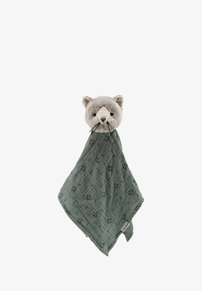 Soft gray plush toy with a cat face, attached to a green muslin fabric printed with small animal patterns. Features whiskers and a heart-shaped nose.