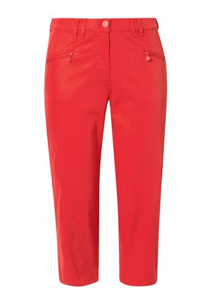 Leuchtend rote, gekürzte Hosen mit vorderen Reißverschlusstaschen, Gürtelschlaufen und einem Knopfverschluss an der Taille.